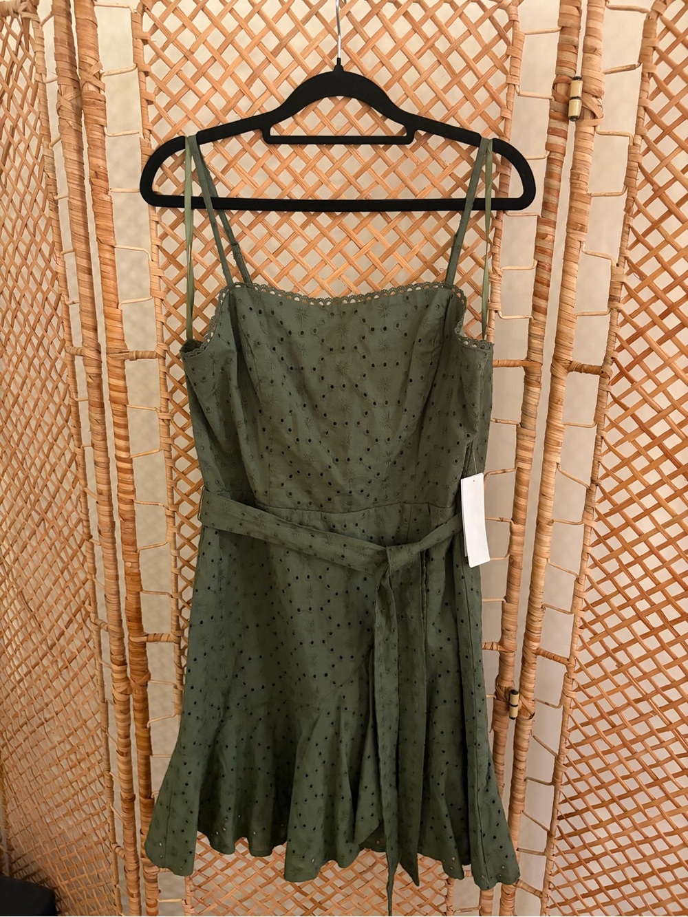 NWT Olive Eyelet A-Line Faux-Wrap Dress with Waist Tie